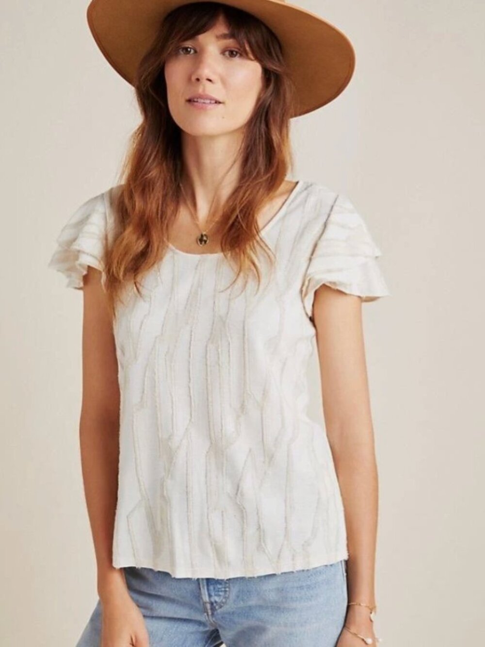 Dolan Anthropologie Charmante Textured Flutter Sleeve Top Small Cream Beige Boho